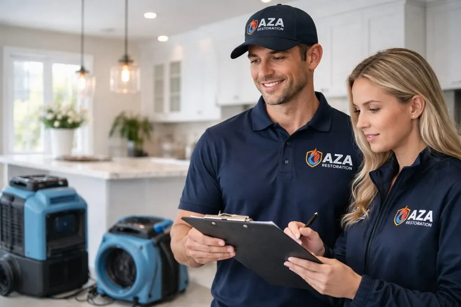 A homeowner and restoration contractor reviewing a project checklist in a Northern Virginia home
