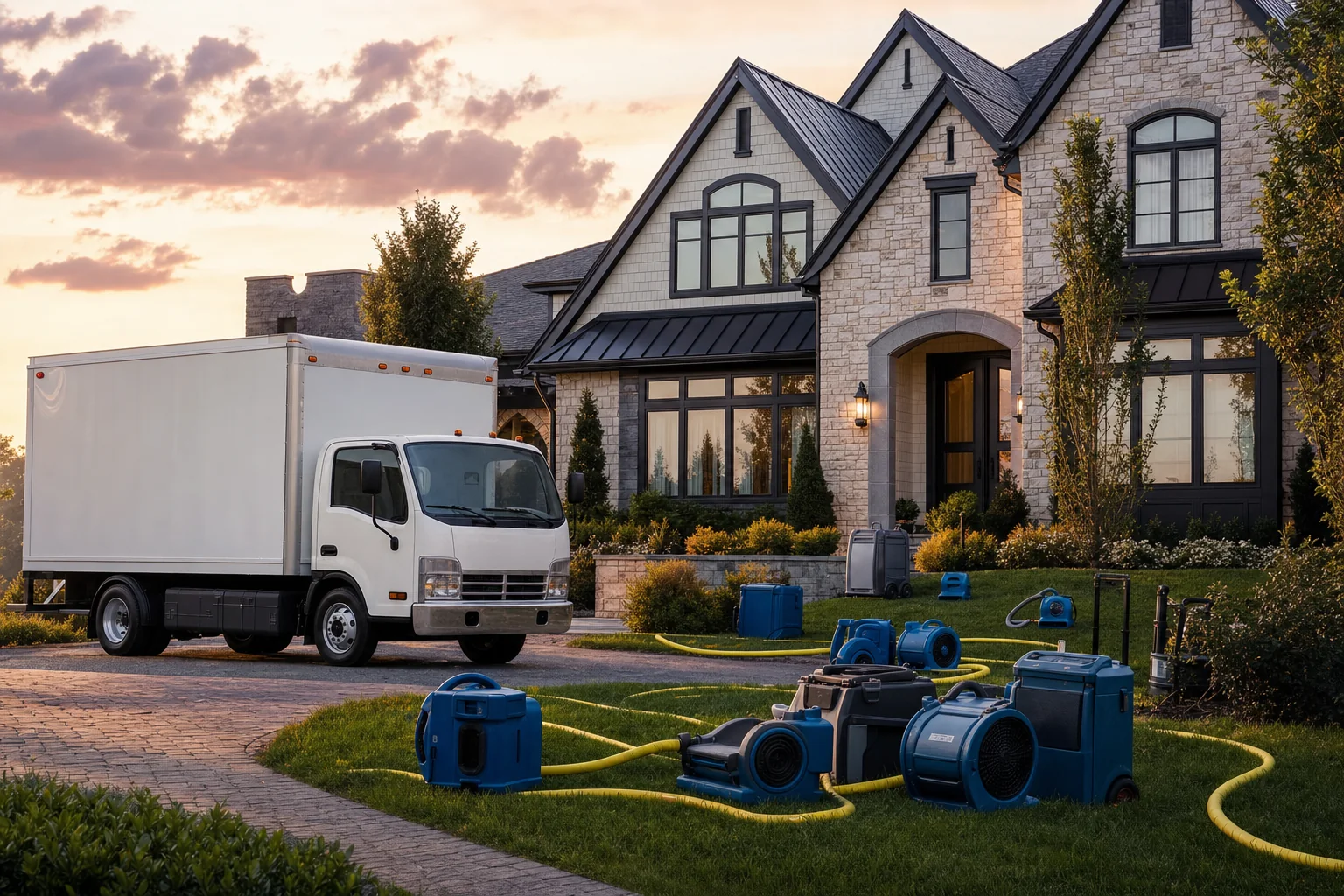 A restoration service truck and staged equipment outside a Northern Virginia home at dawn for a 90-minute emergency response