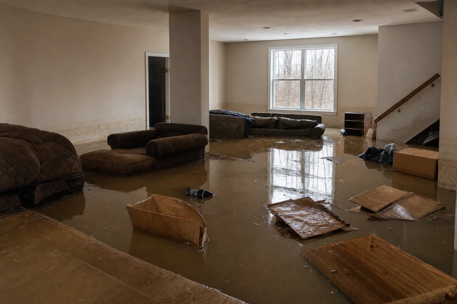 A flooded finished basement in Northern Virginia with standing water and a visible waterline