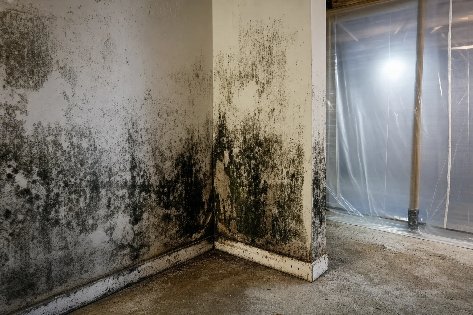 Heavy black mold along a basement drywall corner in a Northern Virginia home behind containment plastic