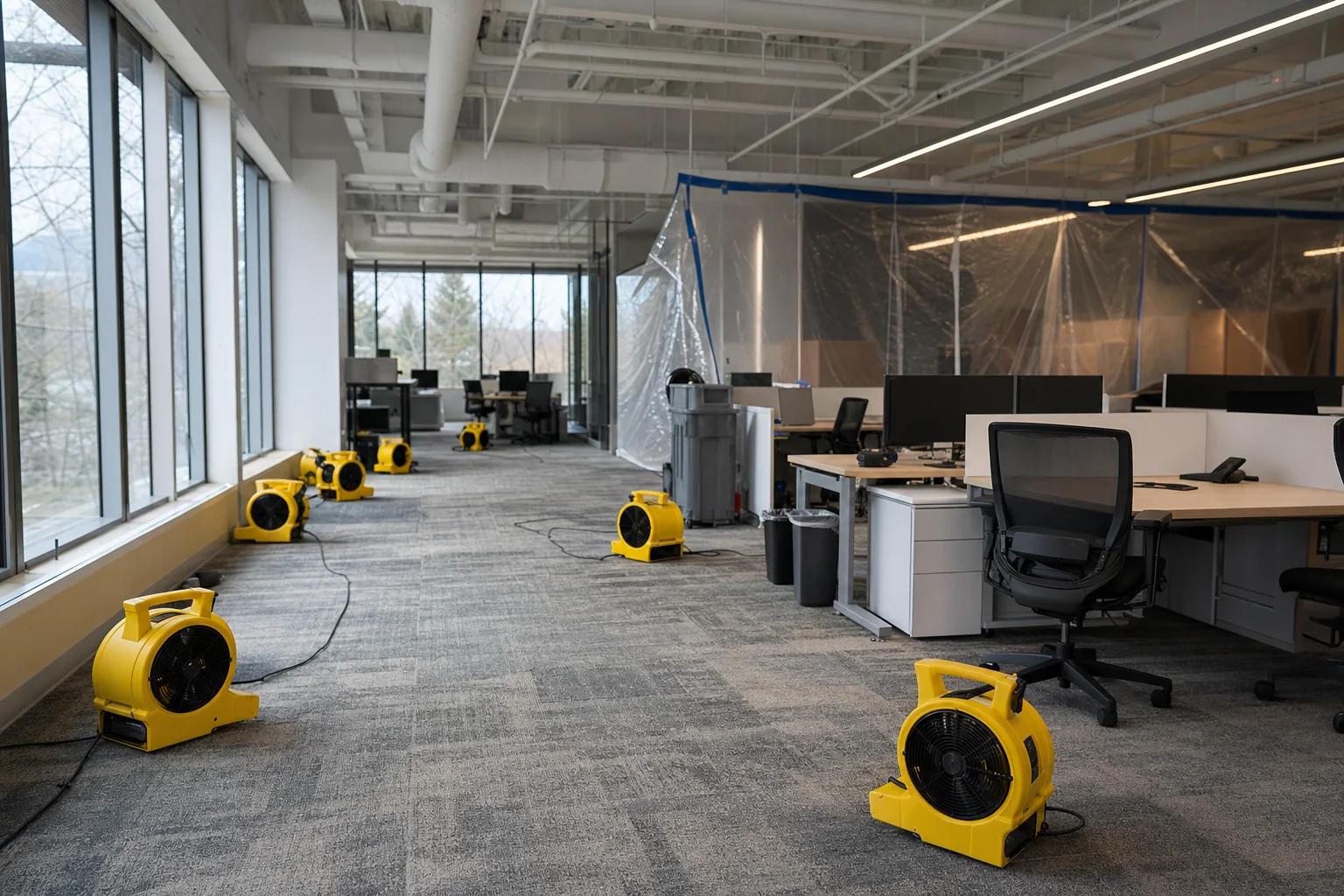 Commercial air movers drying a Northern Virginia open-plan office after a water loss