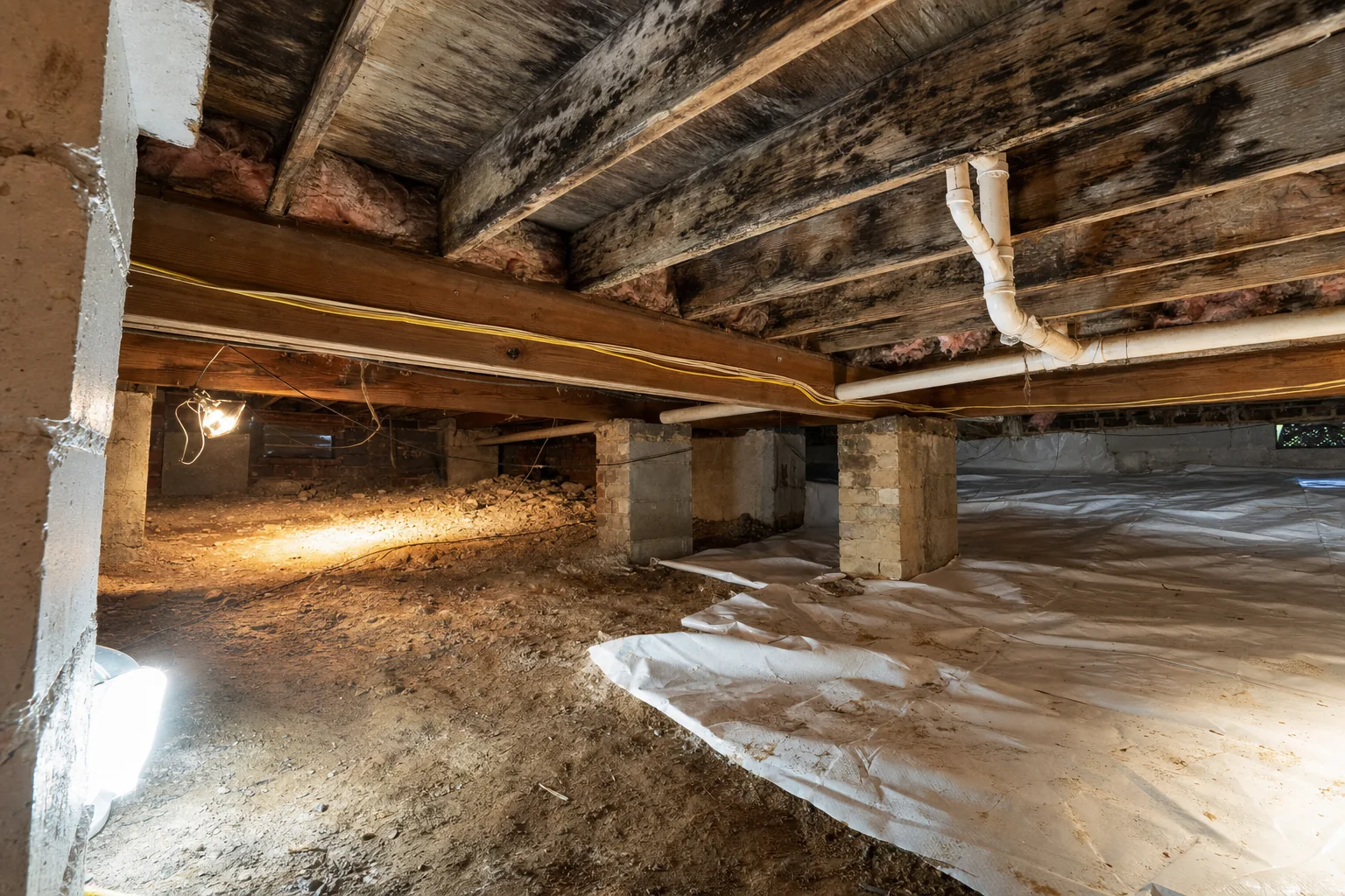 A Northern Virginia home crawl space showing damp joists with mold staining and a partial vapor barrier