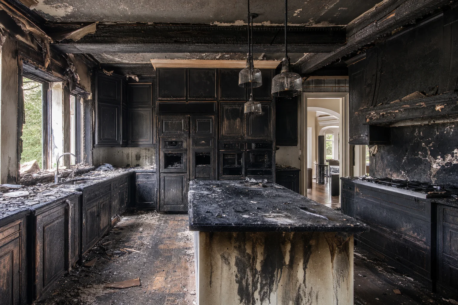 Structural fire damage to kitchen cabinetry and ceiling in a Northern Virginia home before restoration