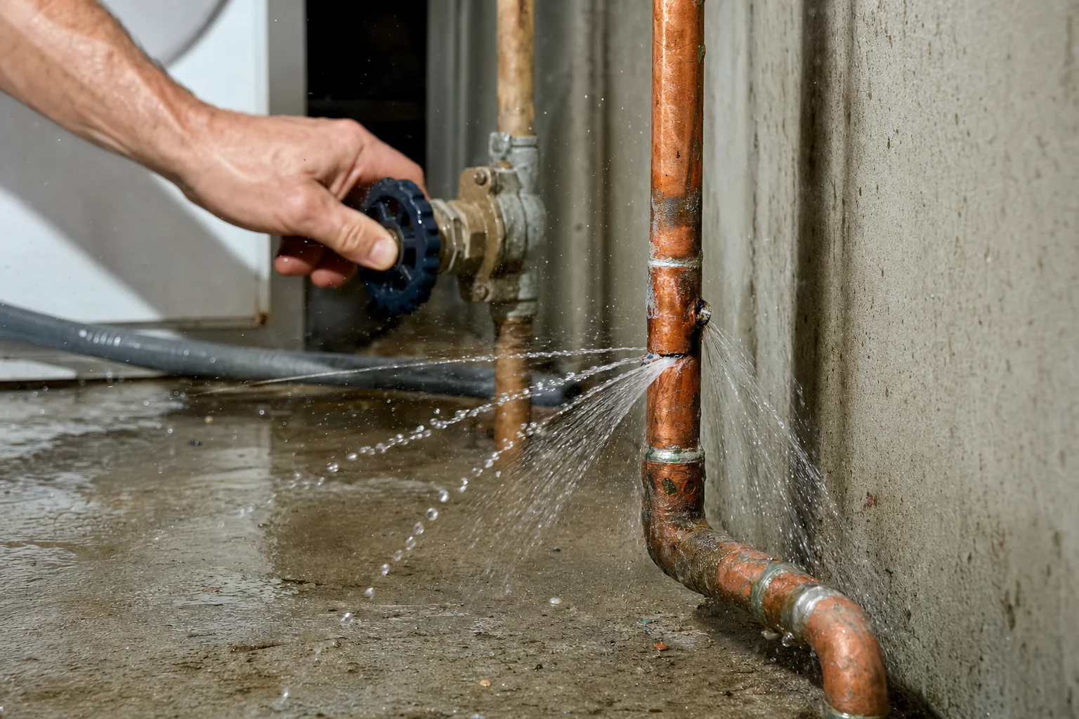 Burst copper water pipe spraying water in a Northern Virginia home with a hand reaching for the main shutoff valve