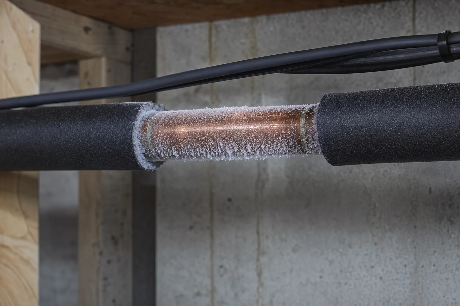 Frost forming on a bare copper pipe in a Northern Virginia basement with an insulating heat-trace cable nearby