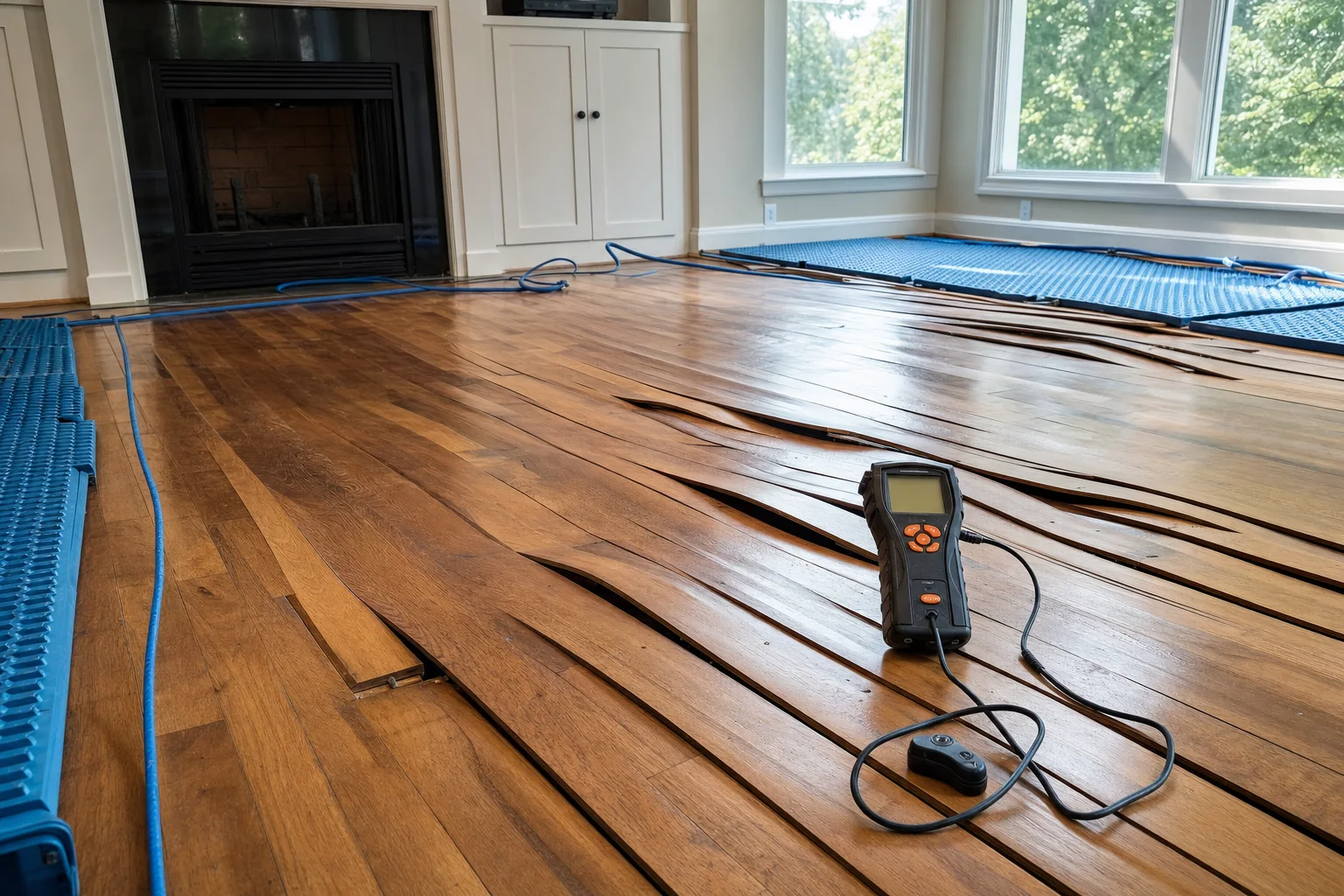 Cupped and buckled hardwood floor planks with drying mats in a Northern Virginia living room