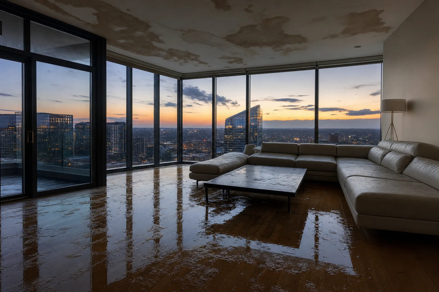Water damage in a modern Northern Virginia high-rise condo with a stained ceiling and wet hardwood floor