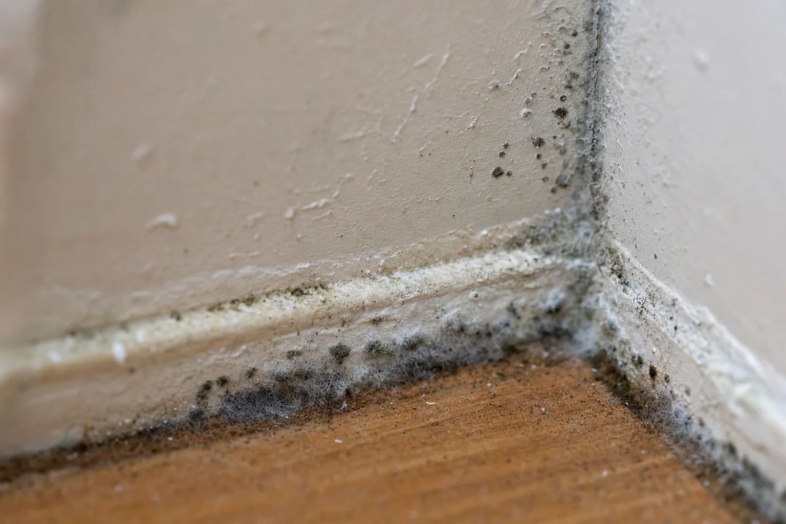 Macro close-up of early mold spores forming on damp baseboard and drywall after water damage