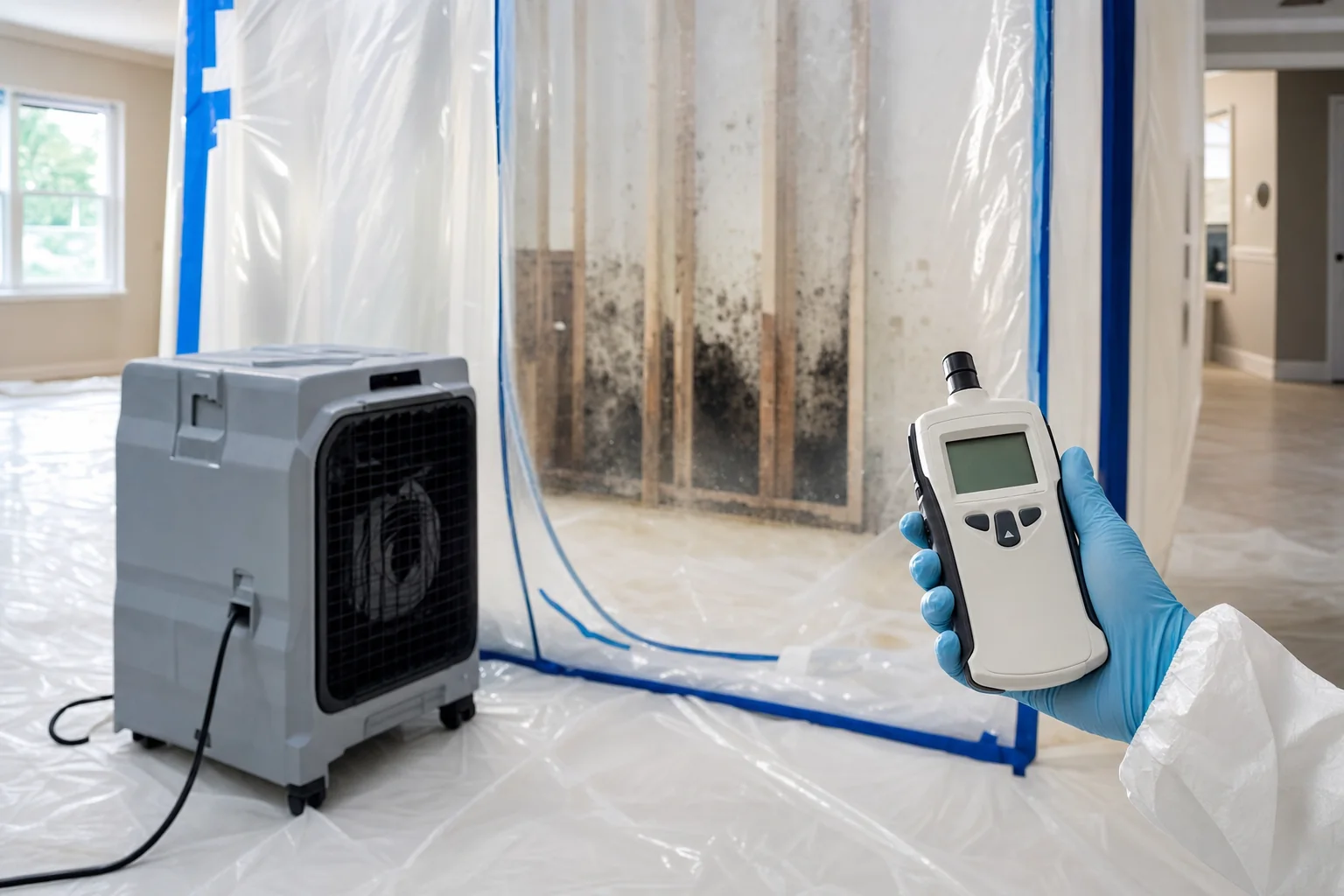 A HEPA air scrubber and containment plastic in a Northern Virginia home during professional mold remediation