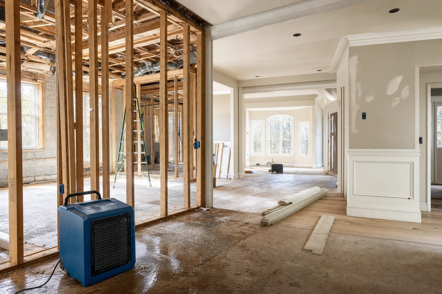 A Northern Virginia home transitioning from mitigation to reconstruction with new drywall framing one side