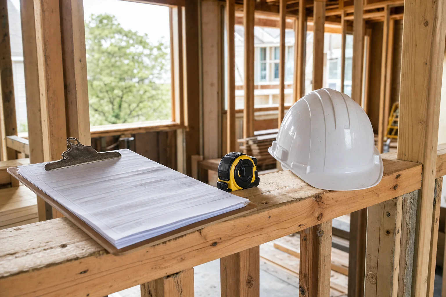 Generic building permit clipboard on framed studs in a Fairfax County home undergoing permitted restoration repair