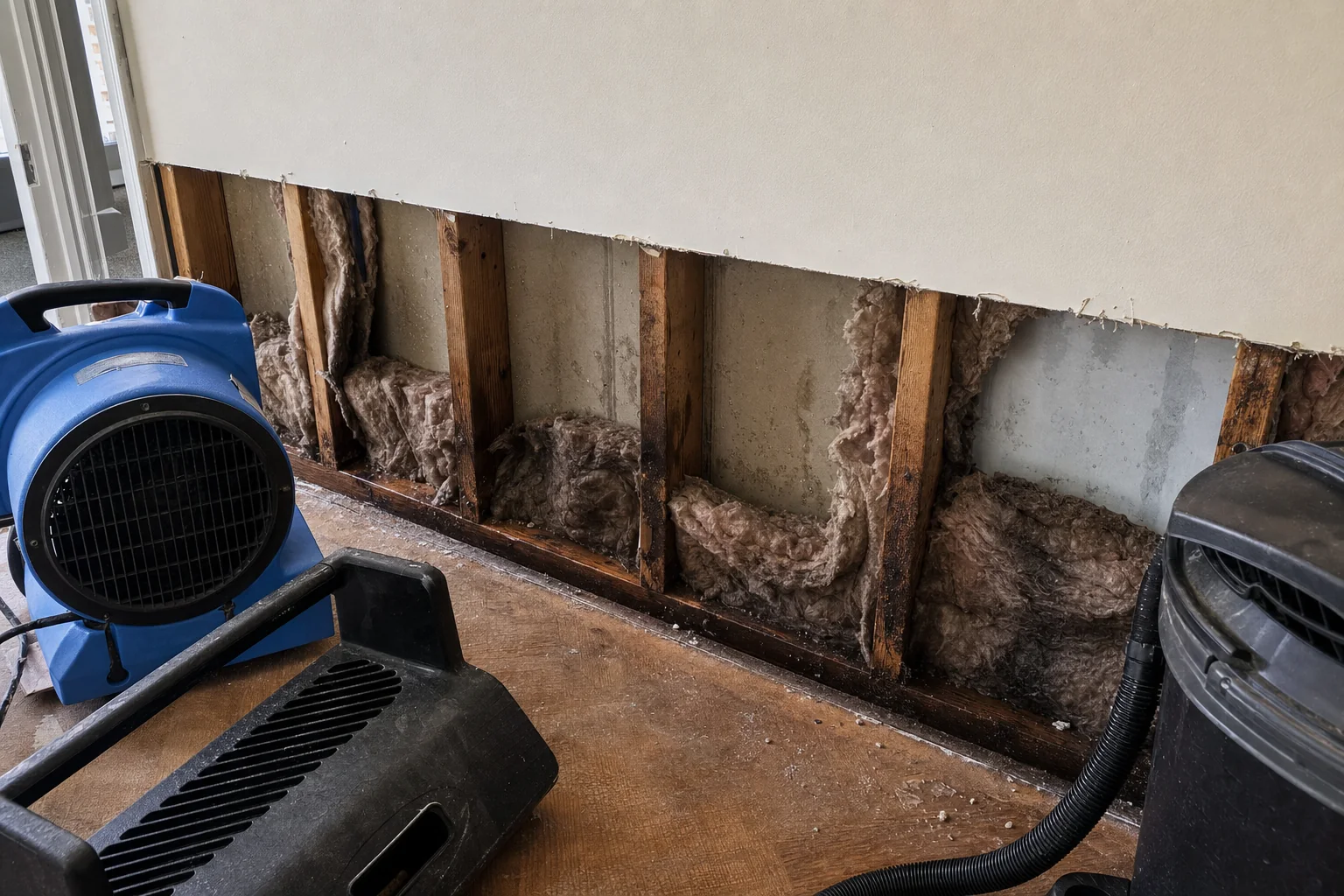 A flood-cut section of drywall removed showing damp insulation and studs in a Northern Virginia home