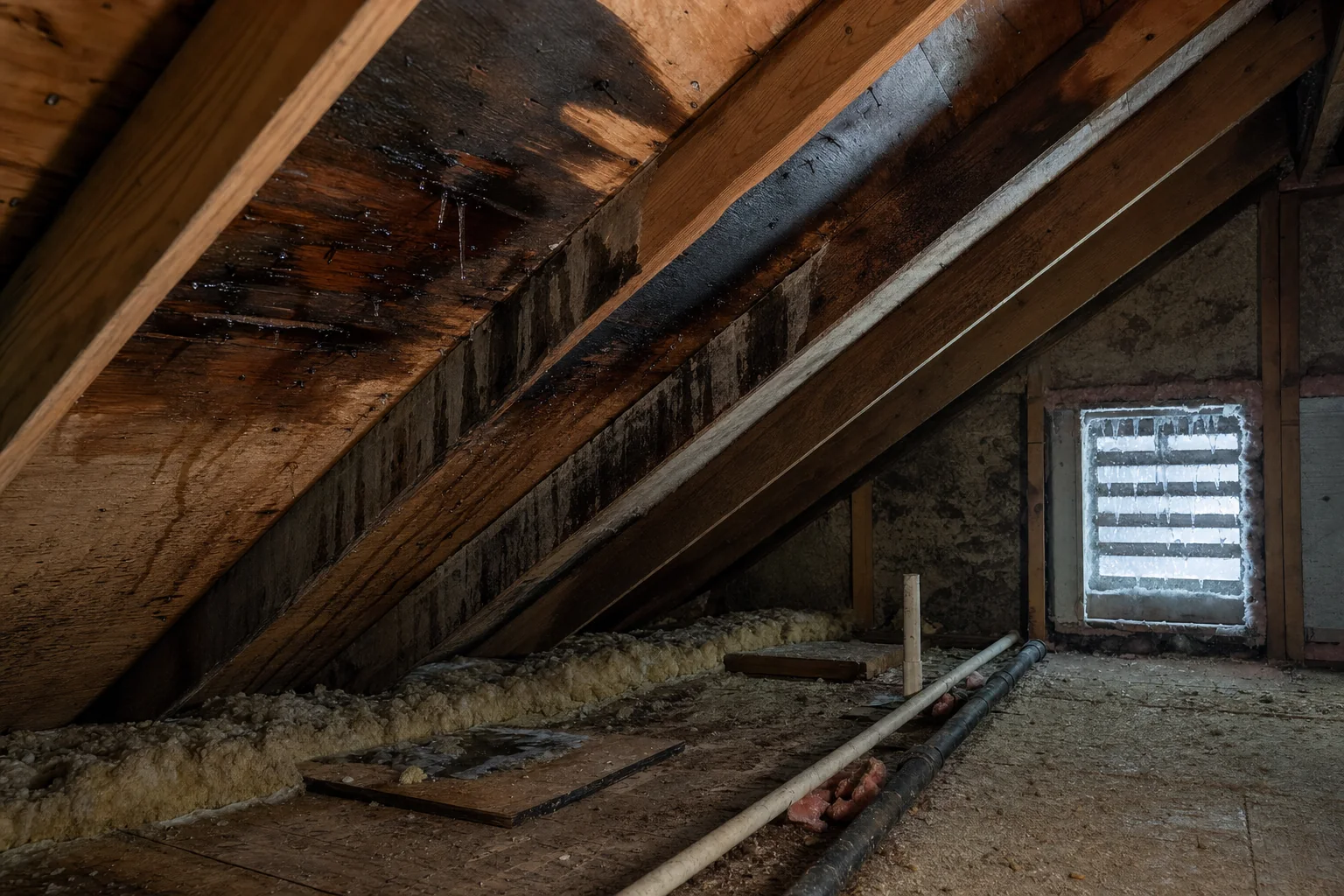 Persistent roof leak staining attic rafters and insulation in a Northern Virginia home during winter