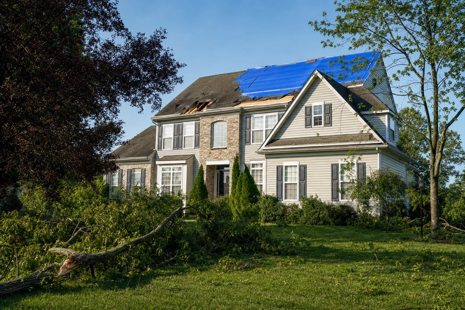 Storm and wind damage on a Prince William County Virginia home with torn roof shingles and a fallen branch