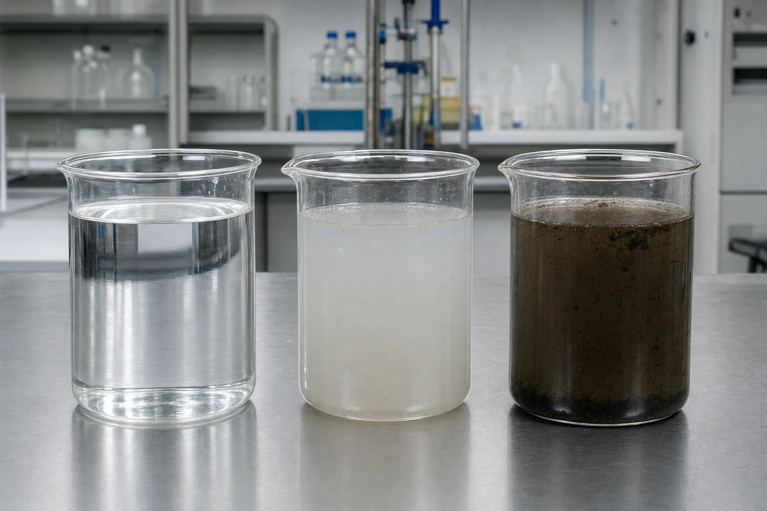 Three glass beakers representing Category 1, 2 and 3 water contamination levels