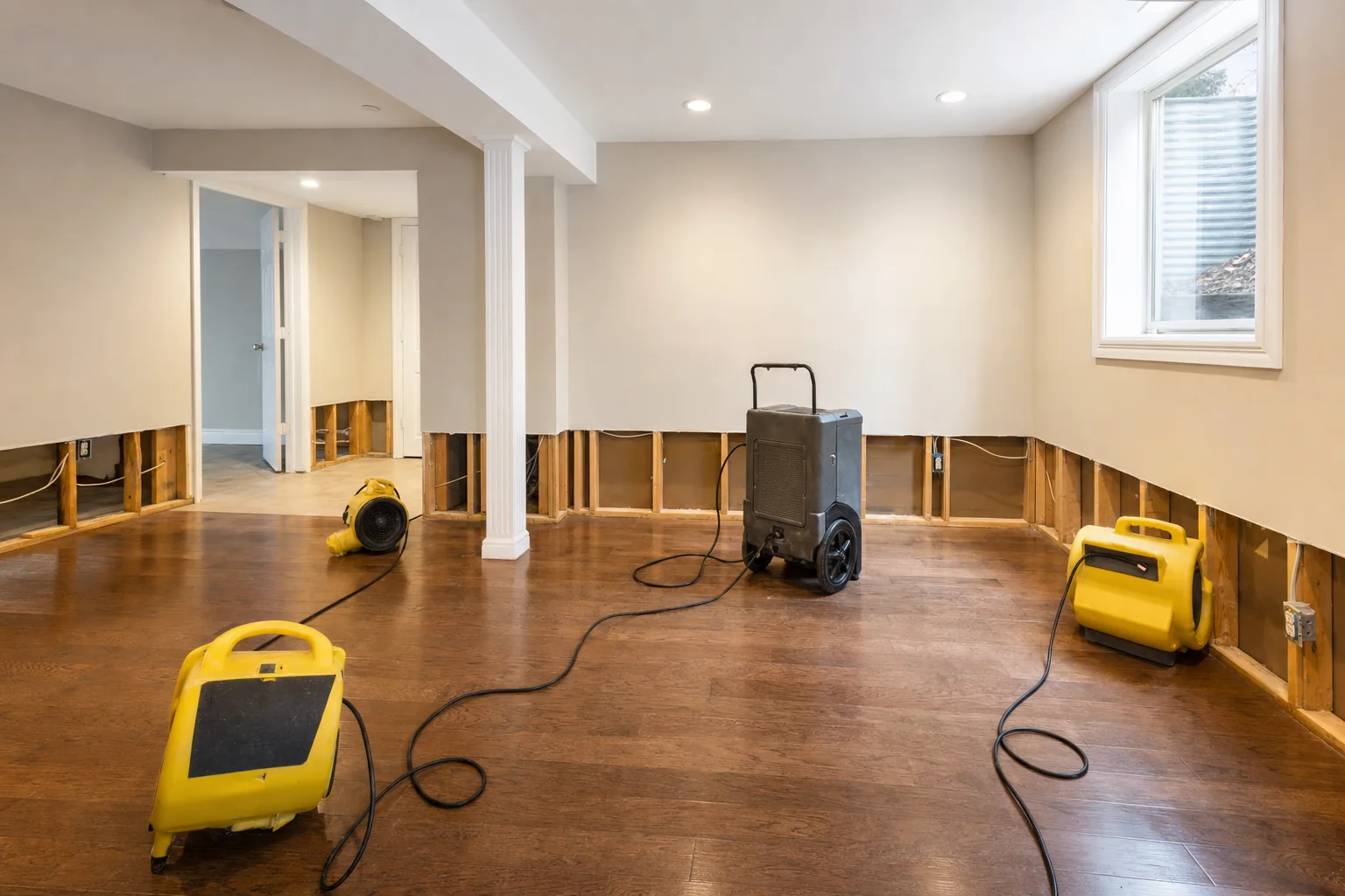 Commercial air movers and a dehumidifier drying a Northern Virginia basement during professional water damage restoration