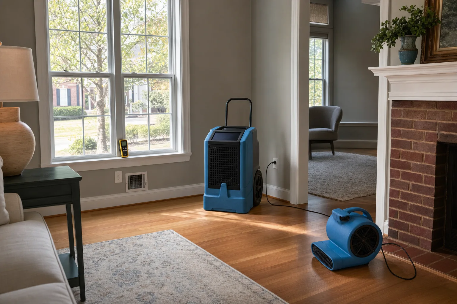 Restoration drying equipment running in a Northern Virginia living room as part of a structural drying timeline