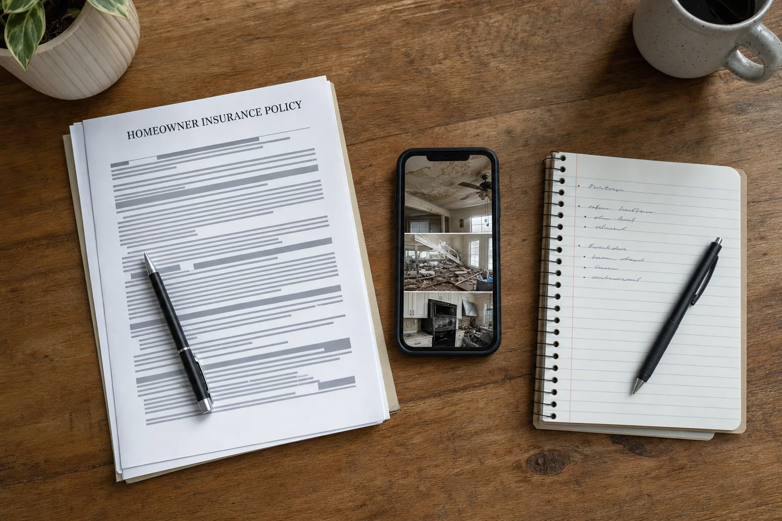 Homeowner insurance policy and damage photos on a wooden table while documenting a Virginia water damage claim