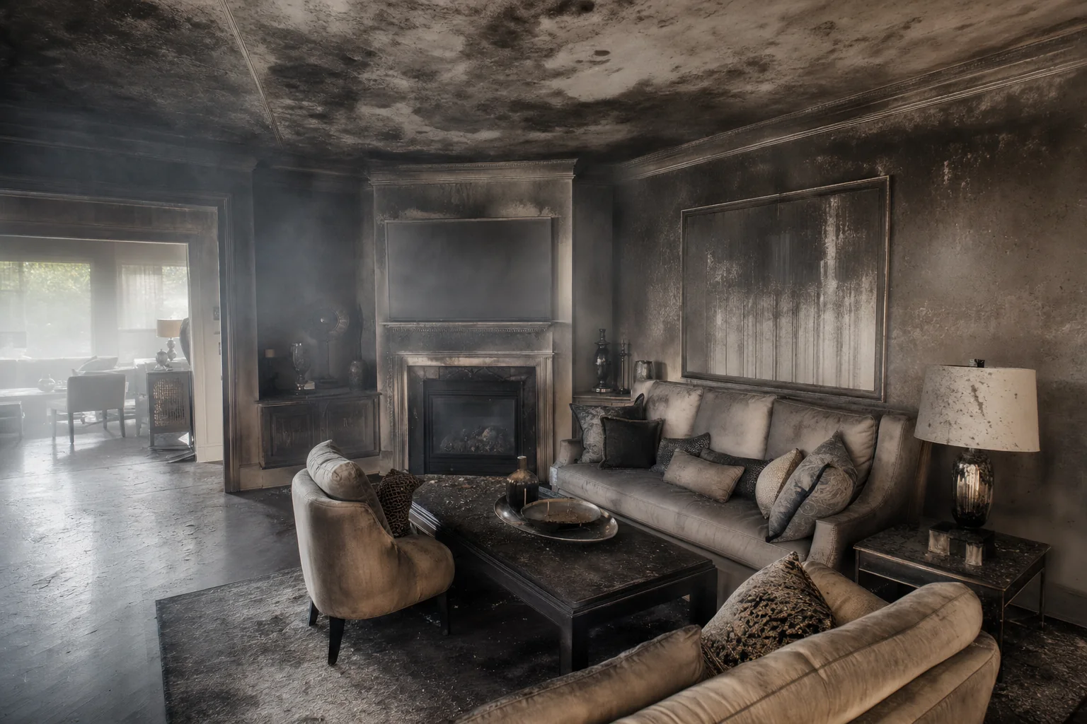 Smoke and soot residue on walls and ceilings in a Loudoun County home